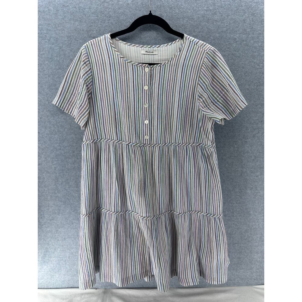 Madewell Womens sz M Striped Crewneck Button-Front Tiered Mini Dress 100% Cotton - Picture 3 of 10